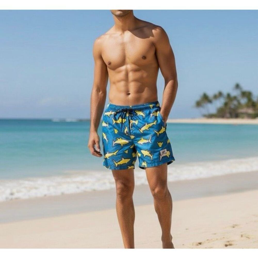 NWT Beach Bros. Scribble Sharks swim trunks in blue and yellow - L